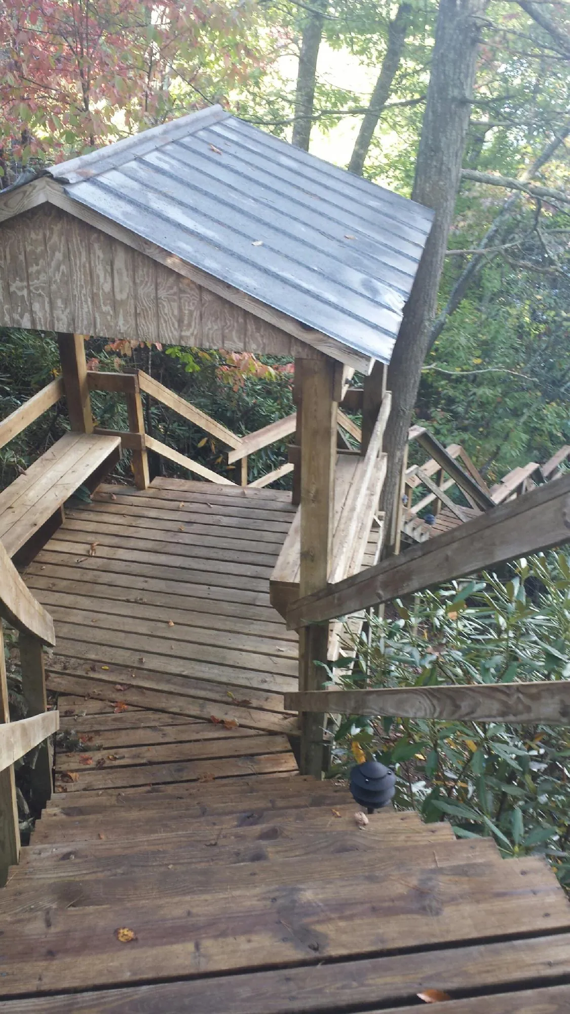 Metal roofed shelter over wooden steps on a wooded walkway — Skylight Repair & Installation work by our crew in Cannon Falls